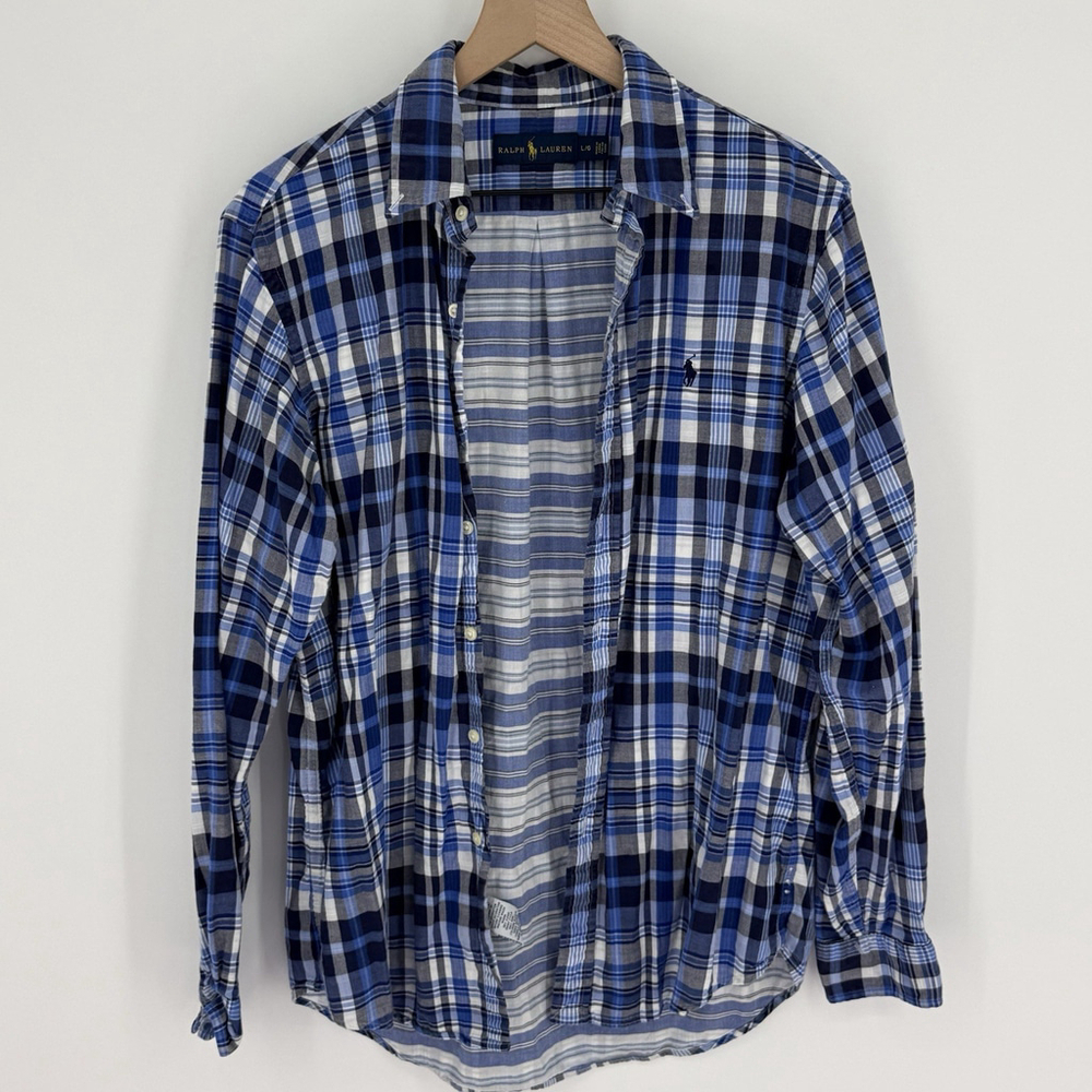 Ralph Lauren Blue Check Plaid Long Sleeve Shirt Size Large
